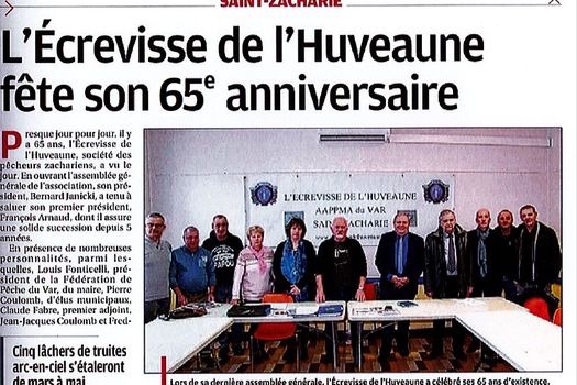 VU DANS LA PRESSE : L'AAPPMA "L'ECREVISSE DE L'HUVEAUNE" FETE DES 65 ANS D'EXISTENCE